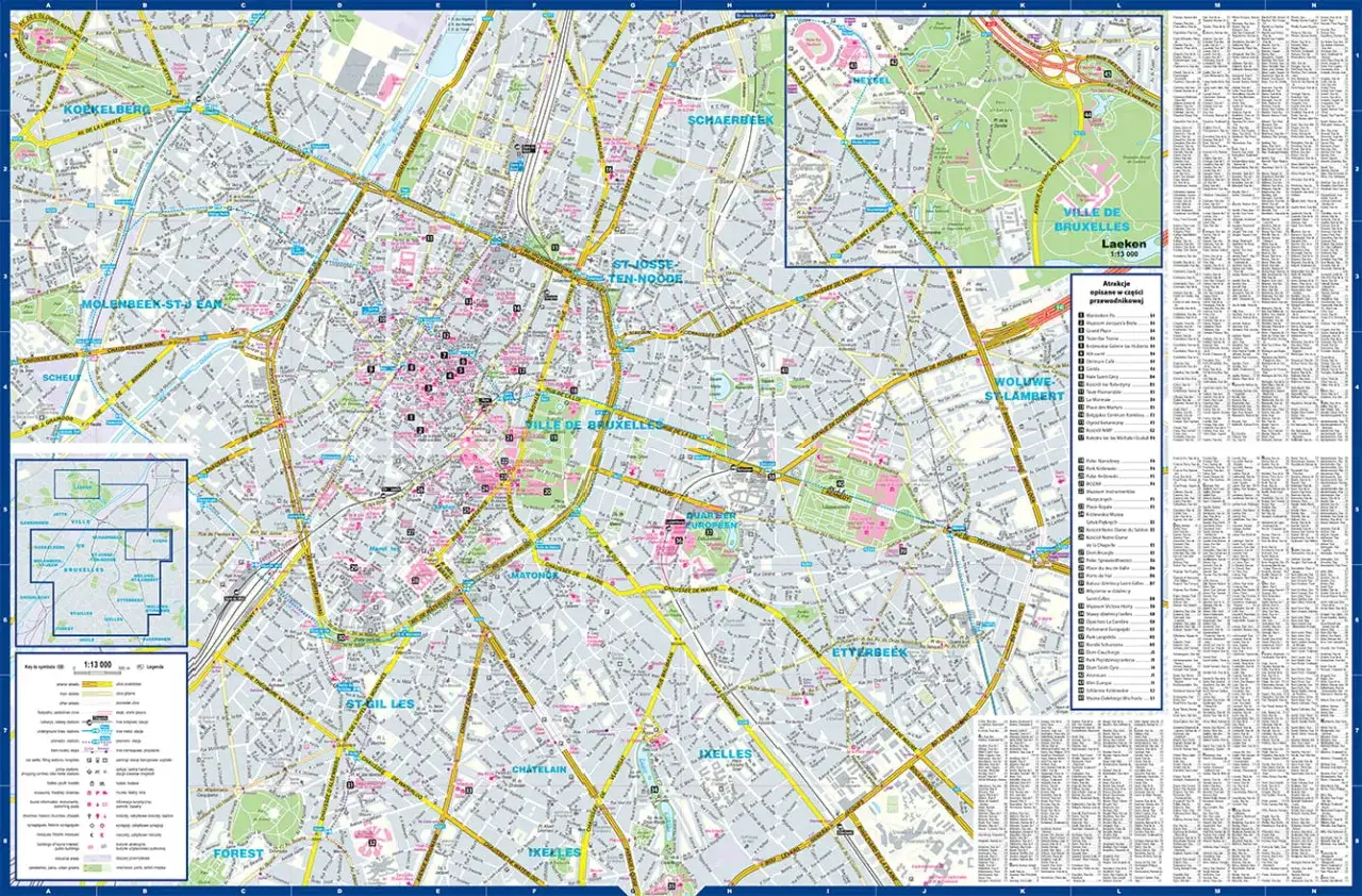 Mapa Brukseli z zaznaczonymi dzielnicami, ulicami i atrakcjami. Widać tu kluczowe punkty komunikacji miejskiej w Brukseli, takie jak stacje metra i tramwajowe.