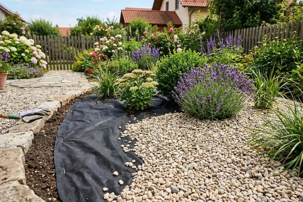 Gartenarbeit: Unkrautvlies verlegen, um Beete zu sch&uuml;tzen. Kies bedeckt das Vlies neben Lavendel und anderen Pflanzen.
