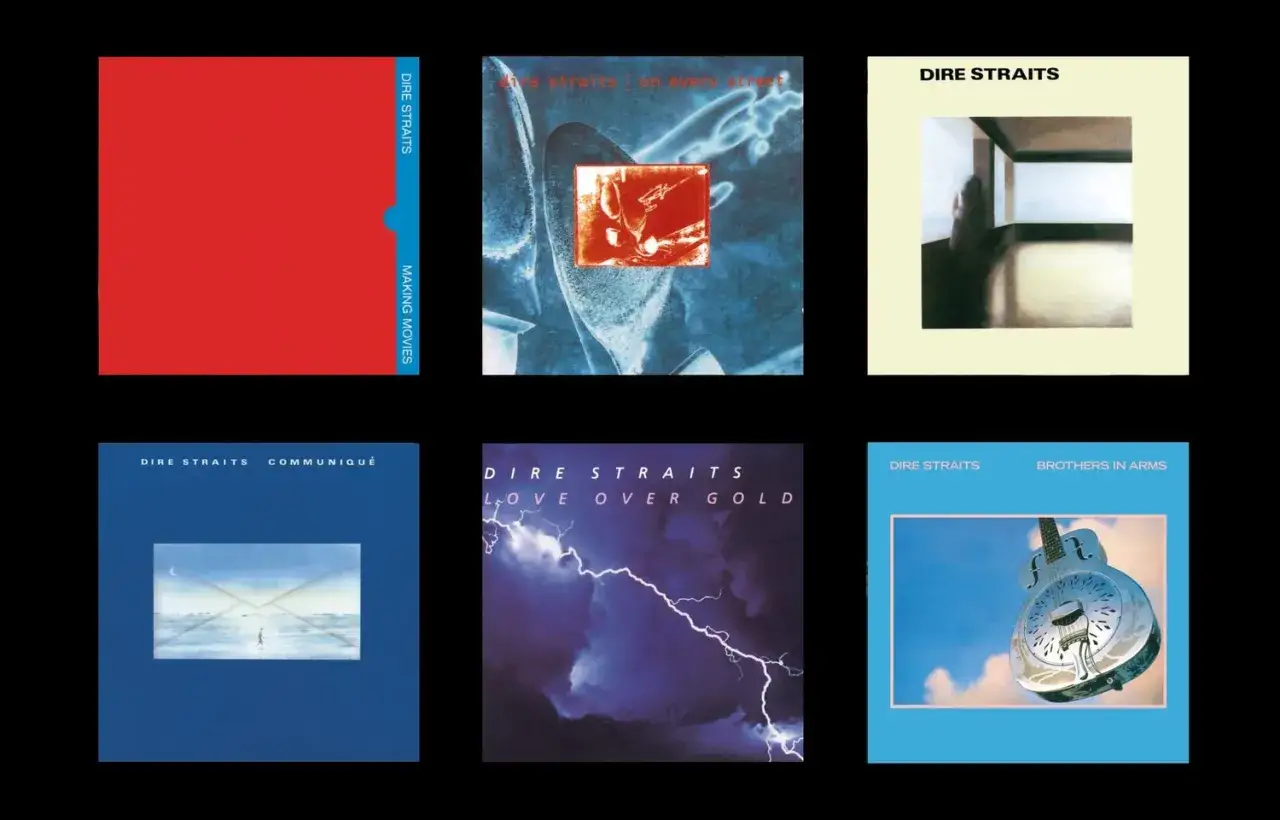Six pochettes d'albums emblématiques de la discographie de Dire Straits : Making Movies, On Every Street, Dire Straits, Communiqué, Love Over Gold, et Brothers in Arms.