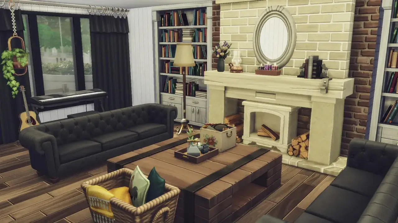 Przytulny salon z czarnymi sofami, pianinem i gitarą. Idealne miejsce na relaks, jak z najlepszych The Sims 4 domy do pobrania.