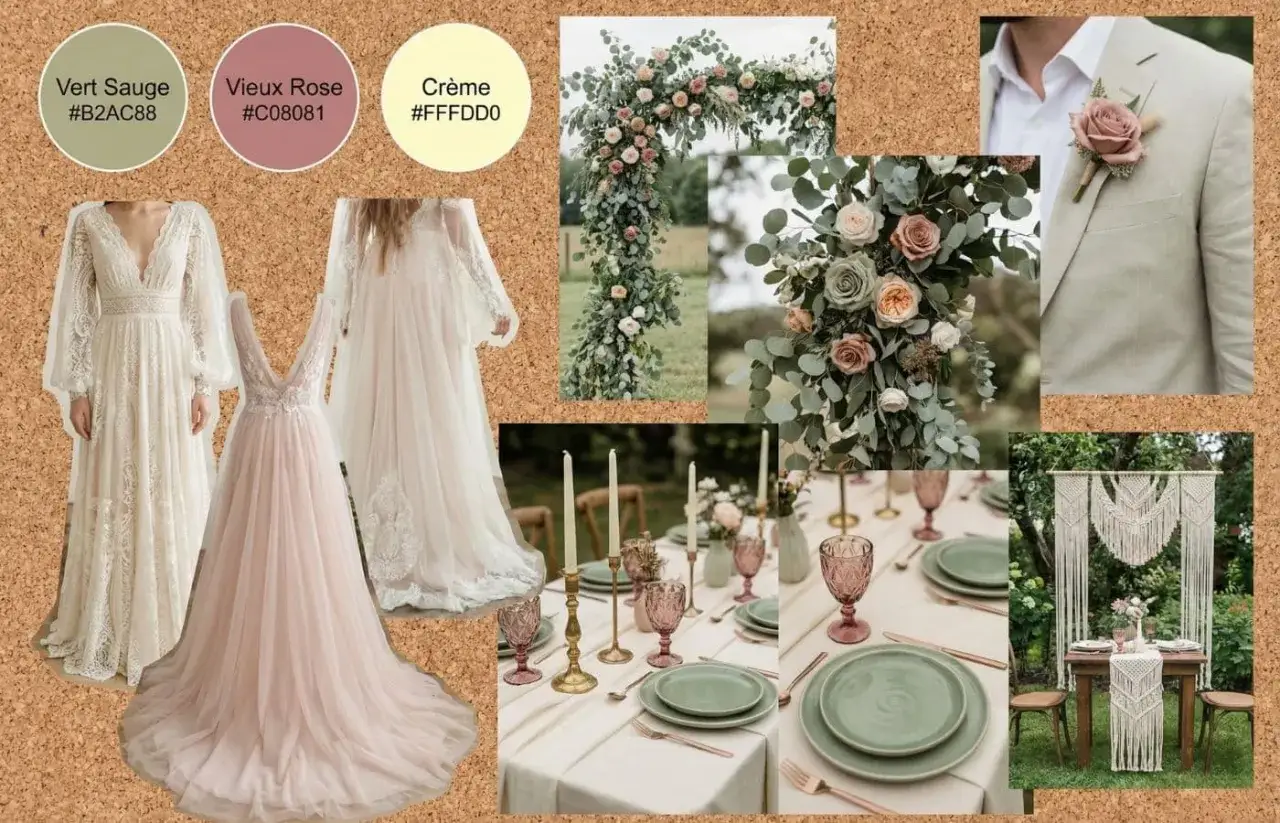 Inspiration mariage champ&ecirc;tre : robes fluides, bouquet de roses et eucalyptus, costume clair, table dress&eacute;e, arche fleurie.