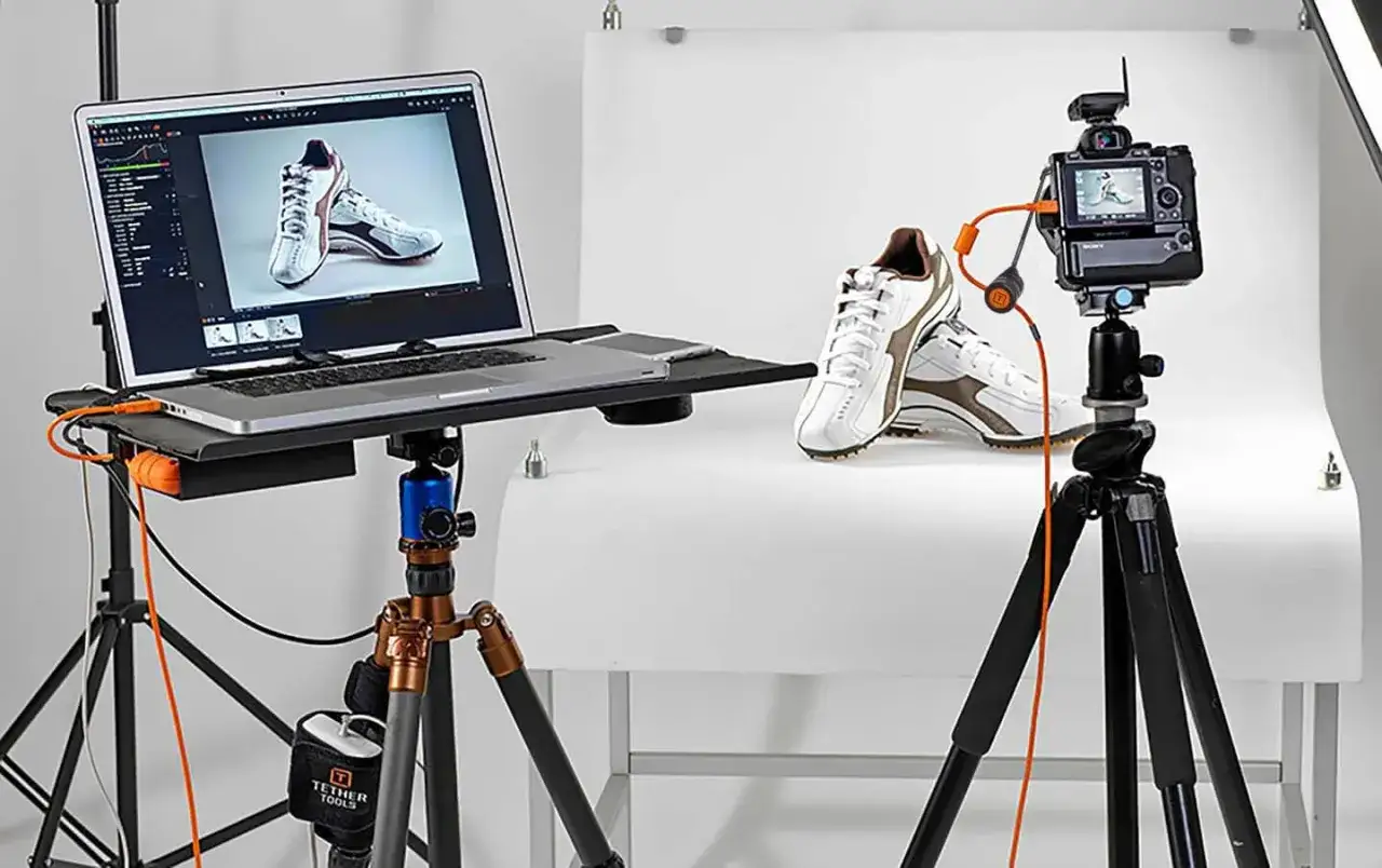 Fotostudio med skor, laptop och kamera uppkopplade f&ouml;r tethering svenska.