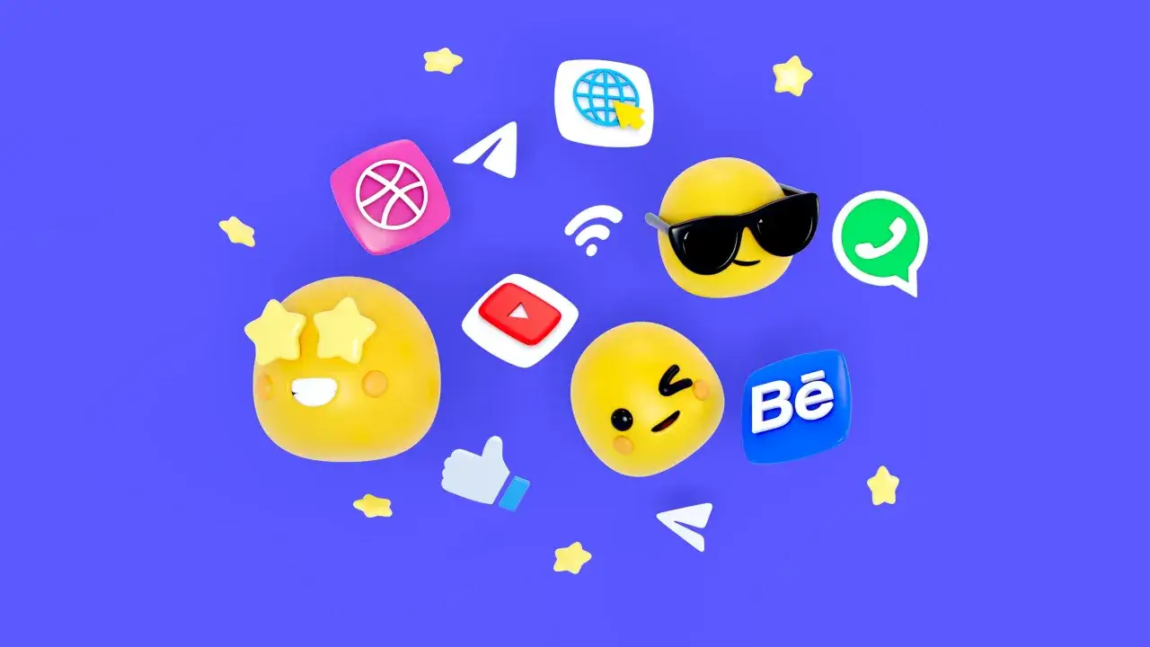 Żółte emotki, ikony social mediów (YouTube, WhatsApp, Behance), gwiazdki i kciuk w górę. To wszystko sprawia, że czujesz, co znaczy relaks w cyfrowym świecie.