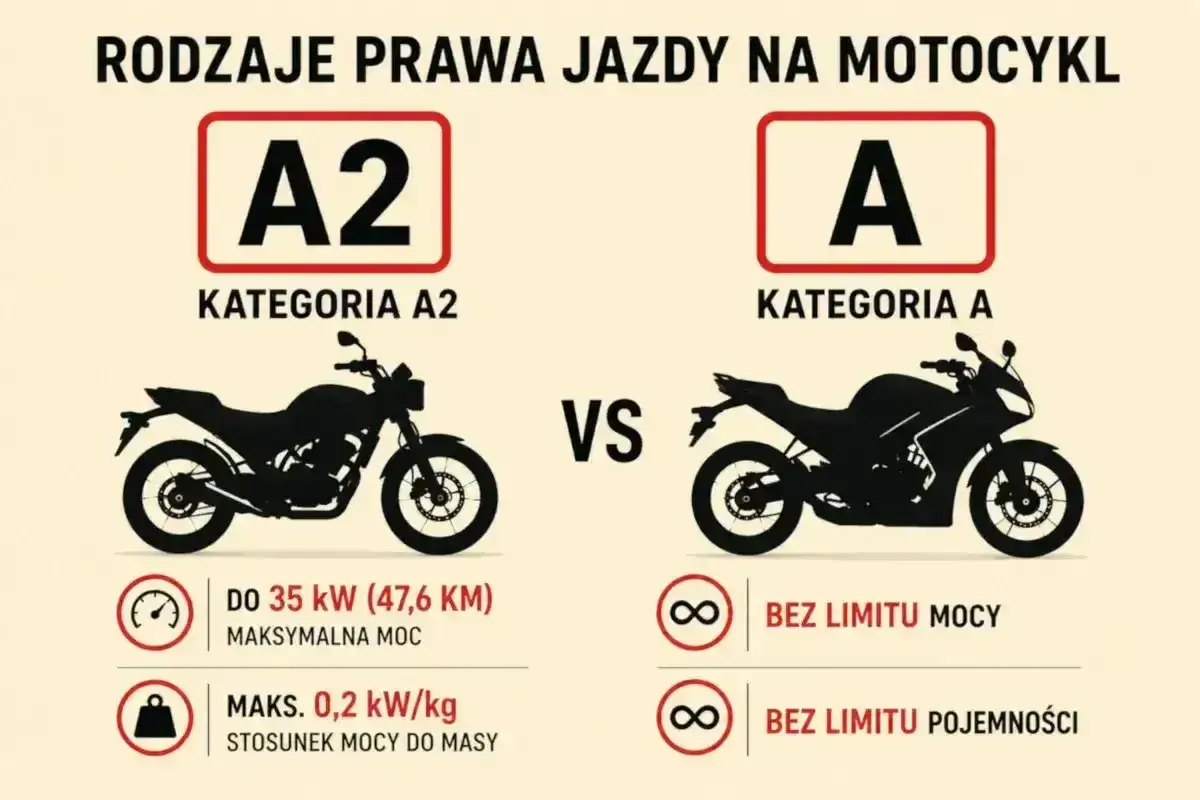 Porównanie kategorii A2 i A na prawo jazdy na motor. A2 to limit mocy 35 kW, A to jazda bez limitów.