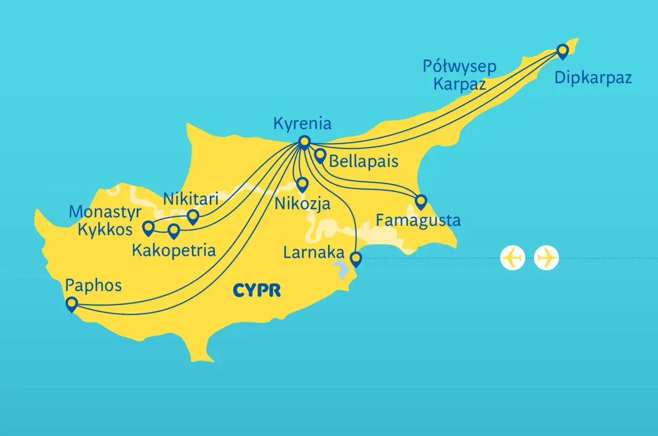 Mapa turystyczna wyspy Cypr z zaznaczonymi miastami: Paphos, Nikitari, Kykkos, Kakopetria, Kyrenia, Bellapais, Nikozja, Famagusta, Larnaka i półwysep Karpaz.