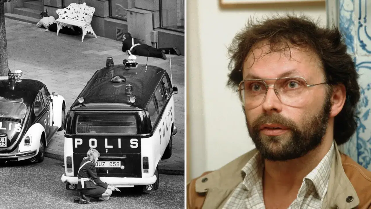Polisbilar och en polis vid en bänk där en person ligger ner. Bredvid en närbild på Clark Olofsson idag.
