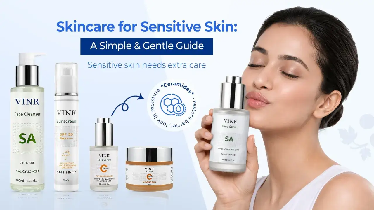 Prodotti VINR per una pelle reattiva: detergente, protezione solare, siero e booster per una cura delicata e efficace.
