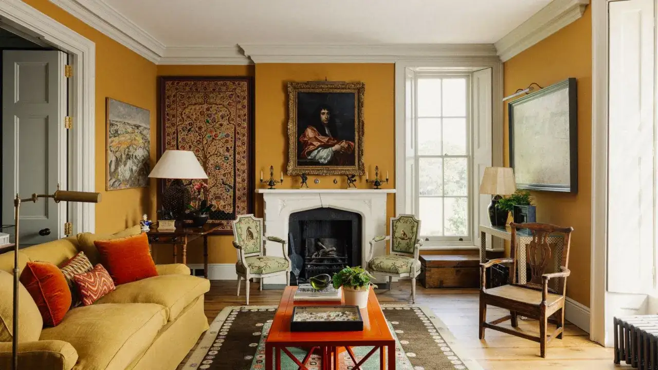 A cozy living room with a yellow sofa, ornate fireplace, and artwork. The furniture, including chairs and a coffee table, appears to be in standard furniture dimensions, creating a balanced and inviting space.
