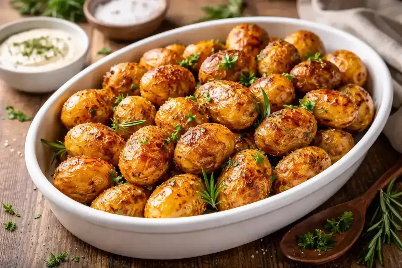 Pommes de terre grenailles dorées et croustillantes, préparées à l'airfryer, garnies de romarin frais.