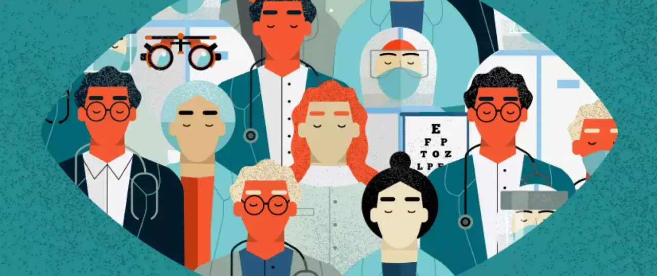 Une &eacute;quipe de professionnels de la sant&eacute;, dont un ophtalmologiste (ou autre nom de l'ophtalmologue), se tient ensemble, symbolisant le soin des yeux.