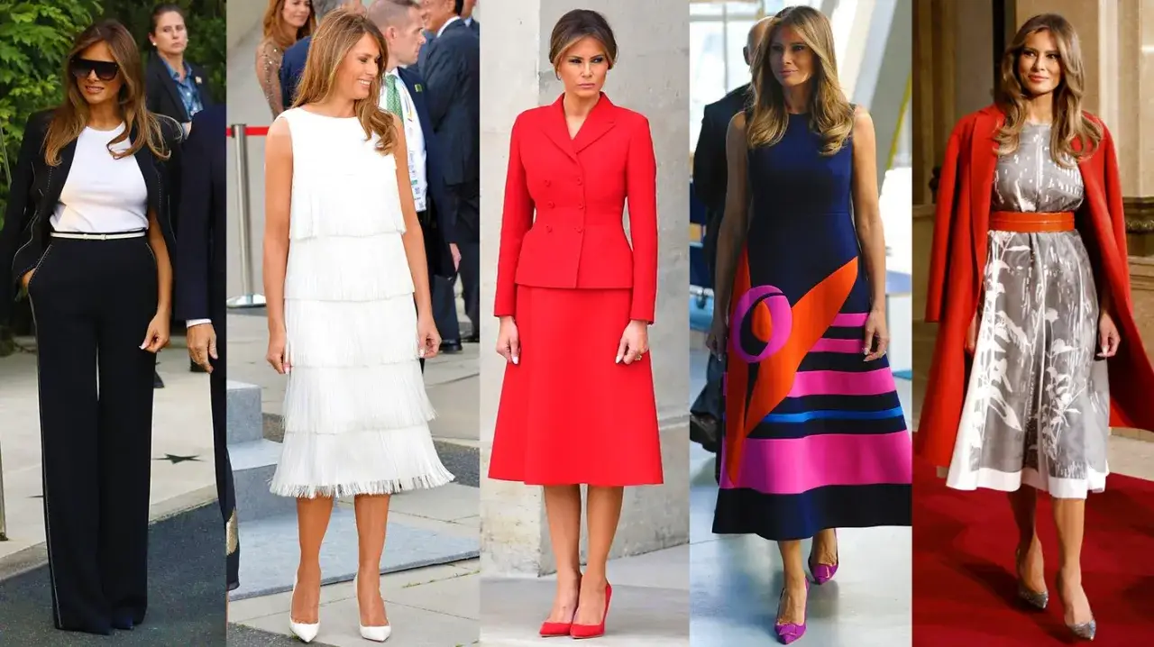 Melania Trump young w pięciu stylizacjach: czarny garnitur, biała sukienka, czerwony komplet, kolorowa sukienka i szara sukienka z czerwonym płaszczem.