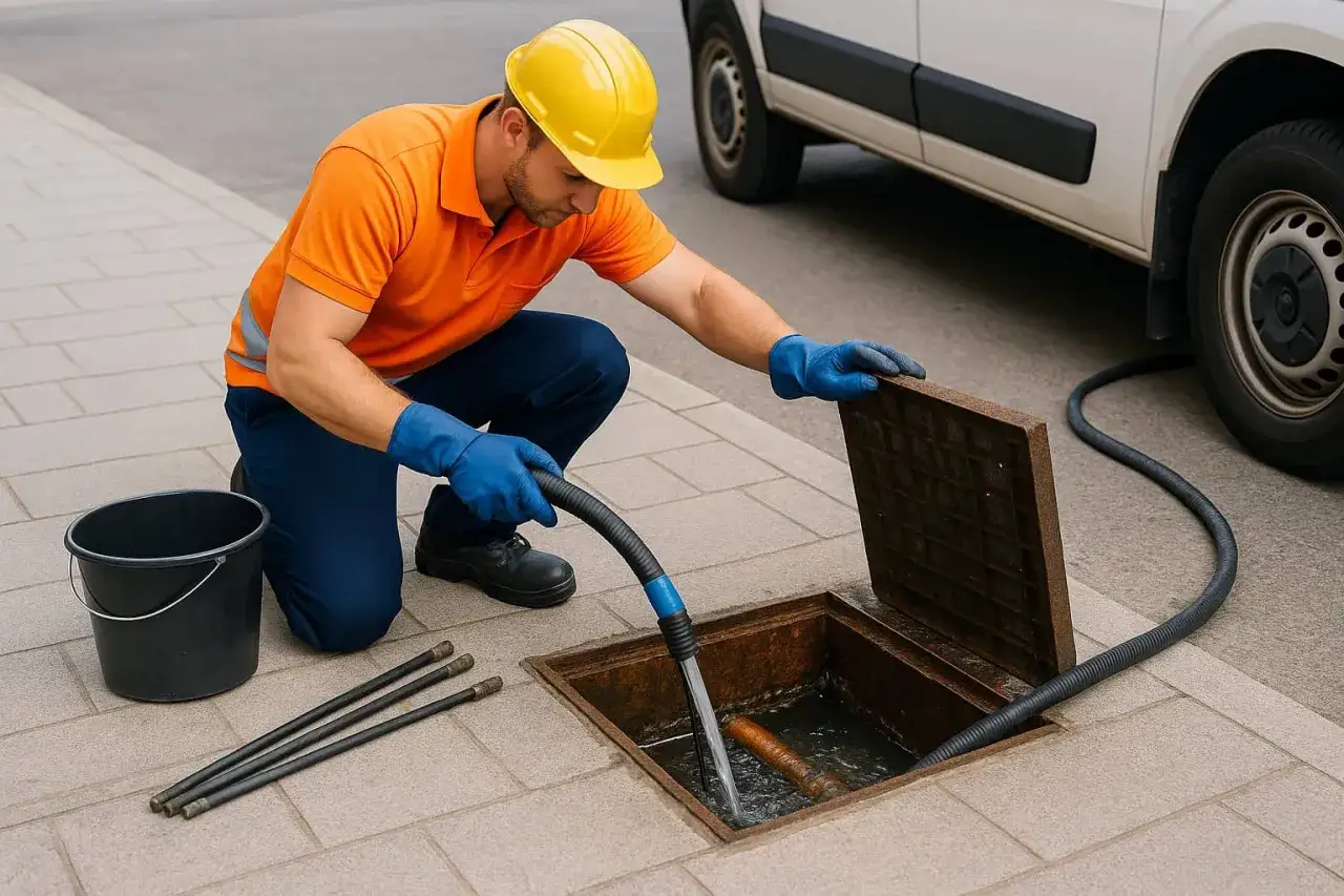 T&eacute;cnico con casco amarillo y guantes azules usa manguera para limpiar arqueta de aguas residuales.