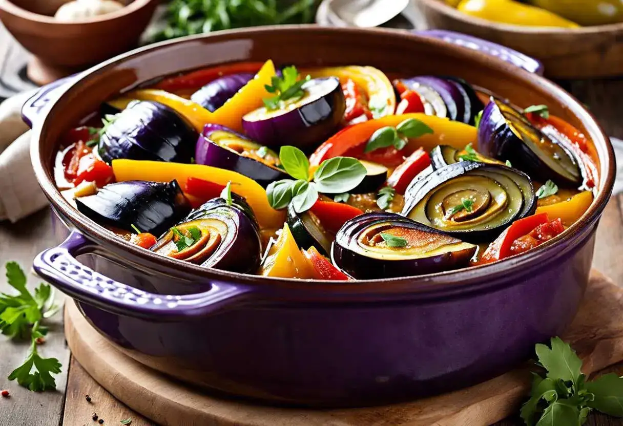 Un plat violet rempli de tranches d'aubergine, de poivrons jaunes et de tomates, pr&ecirc;t &agrave; &ecirc;tre d&eacute;gust&eacute;. Une belle ratatouille recette.