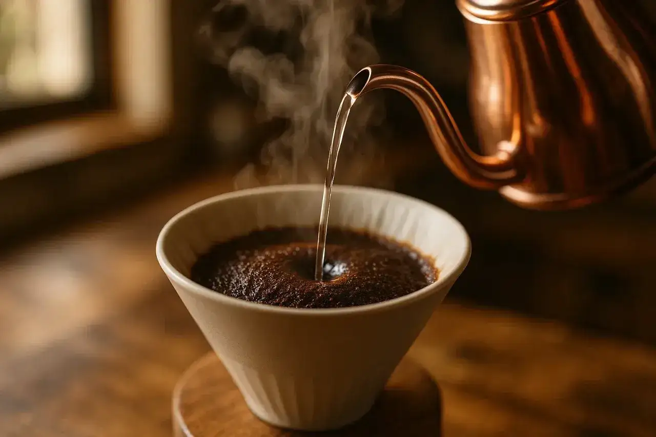 Agua caliente cayendo de una tetera de cobre sobre café molido en un filtro. Así se prepara achicoria en cafetera.