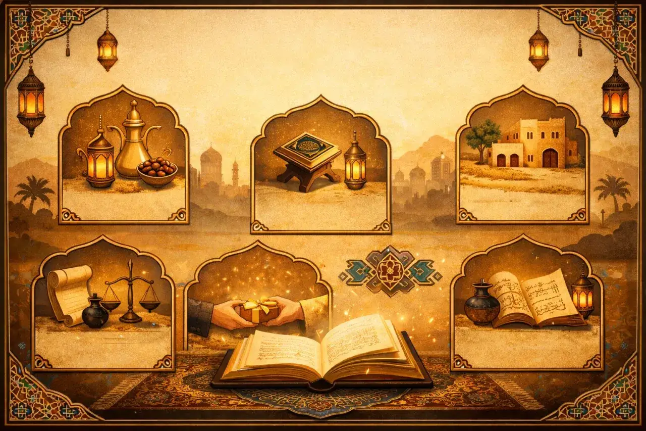 Goldene Ornamente umrahmen Szenen mit arabischen Menschen, die Gastfreundschaft, Wissen und Glauben symbolisieren.