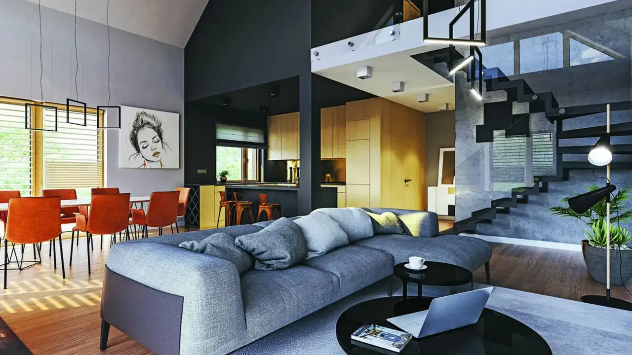 Nowoczesny salon z jadalnią i kuchnią w projekcie domu 30m2. Szara sofa, pomarańczowe krzesła, drewniane meble kuchenne i schody.