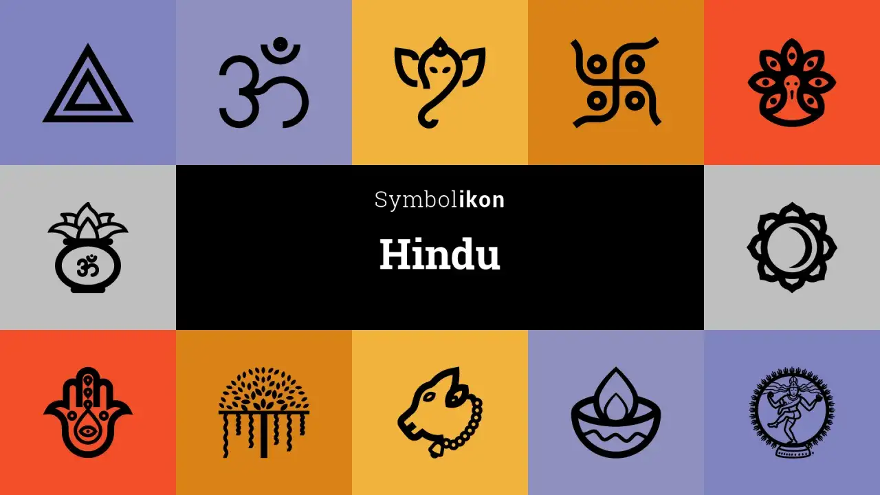 Kolekcja symboli hinduskich: Om, Ganeśa, Swastyka, paw, kalasa, drzewo, krowa, diya, taniec Śiwy.