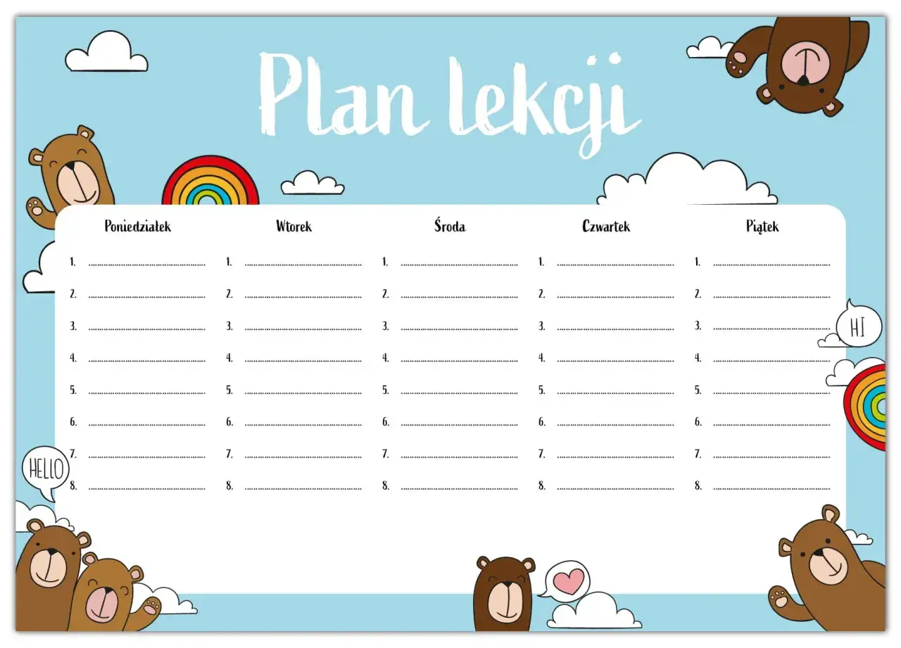 Plan lekcji dla klasy 4 z misiami i tęczą. Dzień tygodnia: poniedziałek, wtorek, środa, czwartek, piątek.
