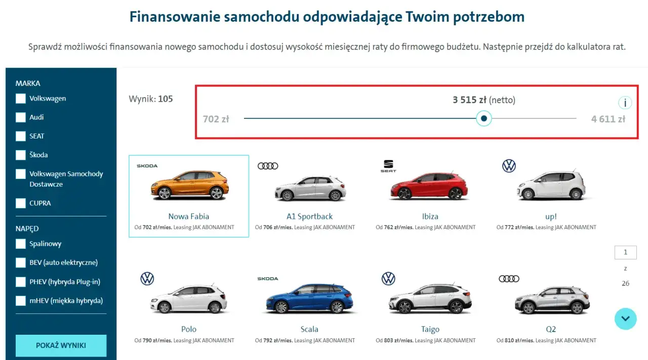Kalkulator rat, gdzie można wybrać samochód i sprawdzić ofertę leasingu finansowego. Widoczne modele: Fabia, A1, Ibiza, up!, Polo, Scala, Taigo, Q2.