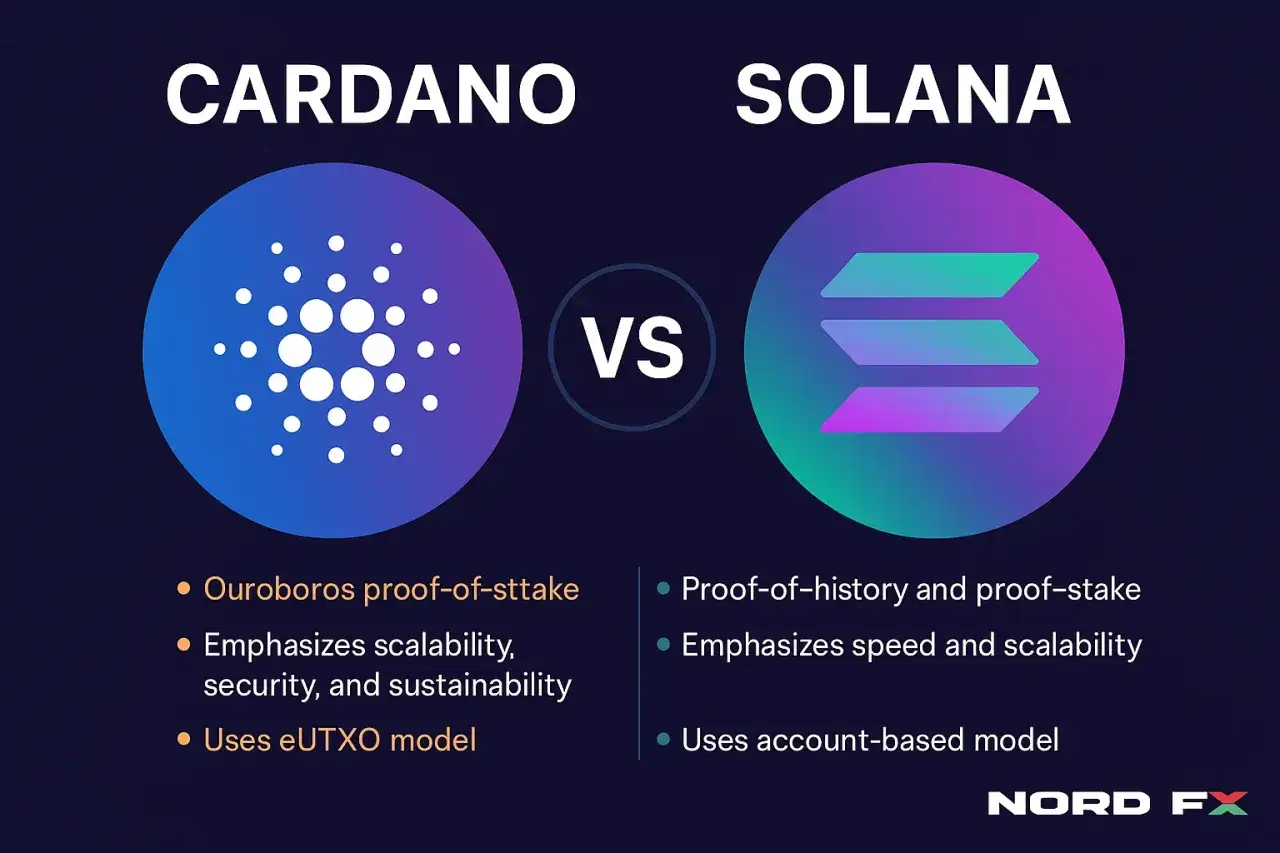 Por&oacute;wnanie Cardano i Solana: Cardano z Ouroboros proof-of-stake, Solana z proof-of-history.