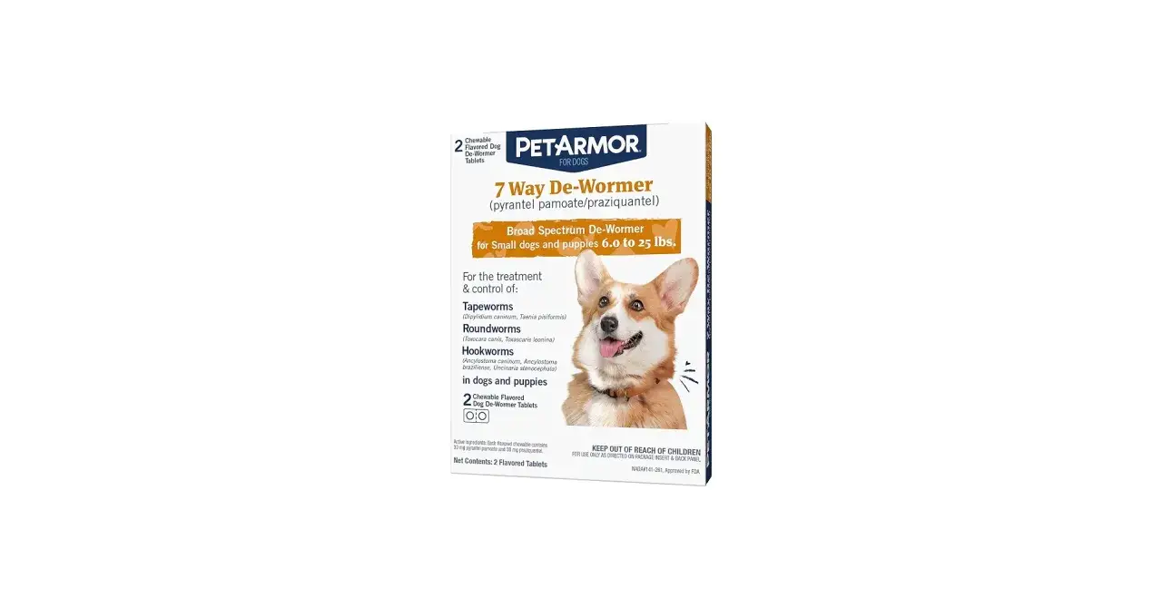 Boîte de PETARMOR 7 Way De-Wormer pour chiens, avec un adorable corgi souriant. Idéal pour vermifuger son chien et le protéger des parasites.