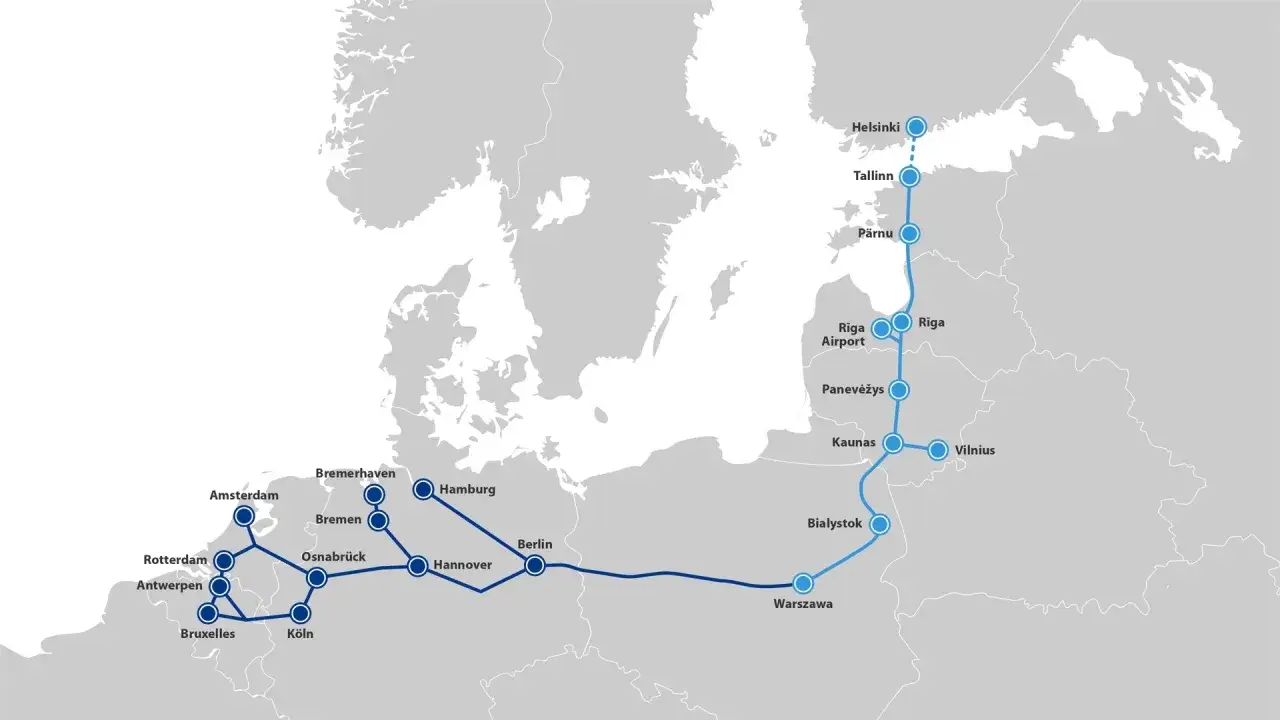 Mapa kolejowa łącząca Warszawę z Wilnem i dalej z krajami bałtyckimi oraz Europą Zachodnią.