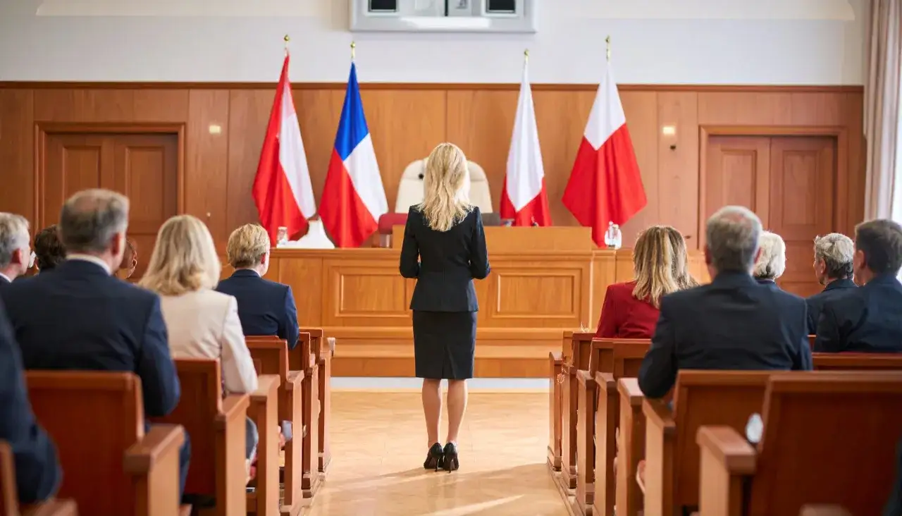 Kobieta przemawia do zgromadzonych, a za nią wiszą flagi. Czy to debata o tym, czym jest separacja?