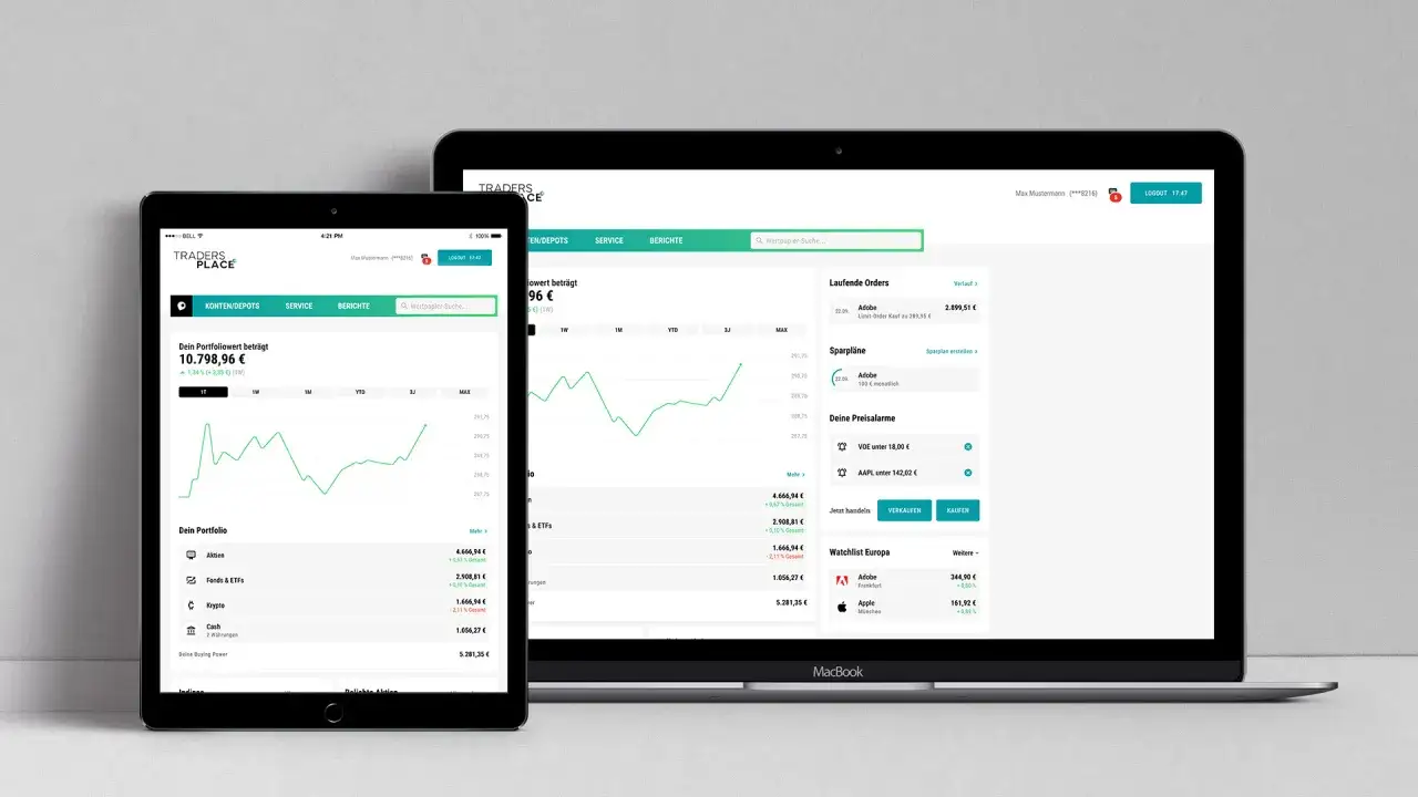 Traders Place Erfahrungen: Portfolio&uuml;bersicht mit Aktien, Fonds & ETFs, Krypto und Cash. Laufende Orders und Sparpl&auml;ne im Blick.