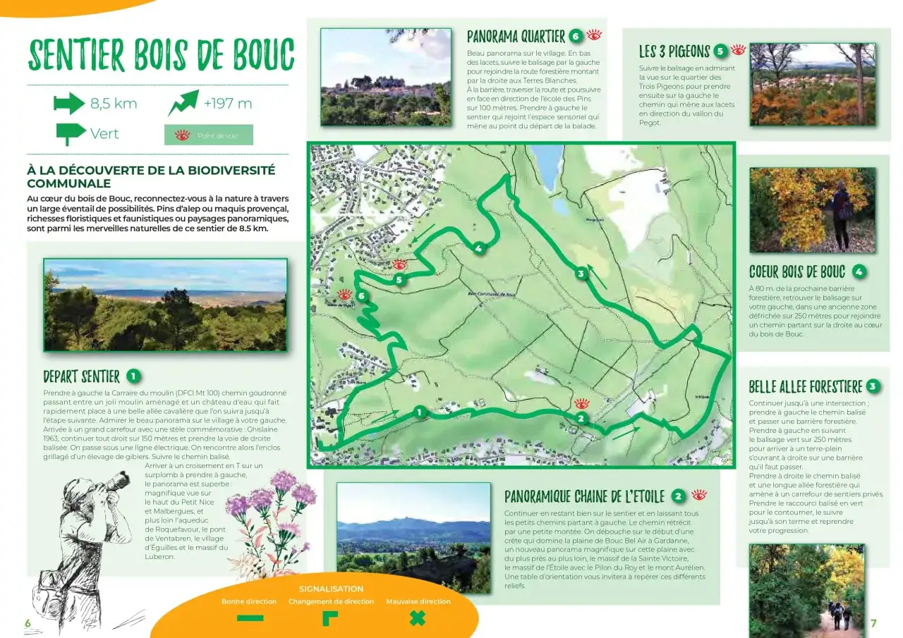 Carte du sentier du Bois de Bouc, 8,5 km, avec des points de vue et des descriptions d'itinéraires. Une balade à faire autour de moi.
