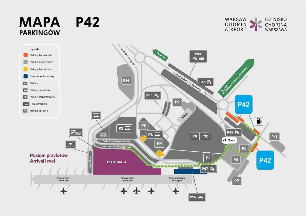 Mapa parkingów Lotniska Chopina w Warszawie. Widać tu P42, P45, P41, P7, P6, P5, P3, P4, P9, P44, P34, P43, P1, P2, PS, PP, P16.
