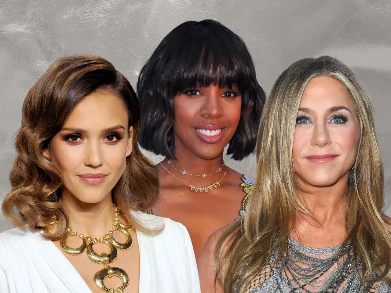 Jessica Alba, Kelly Rowland y Jennifer Aniston lucen estilos de corte de pelo cara ovalada, con ondas y capas.