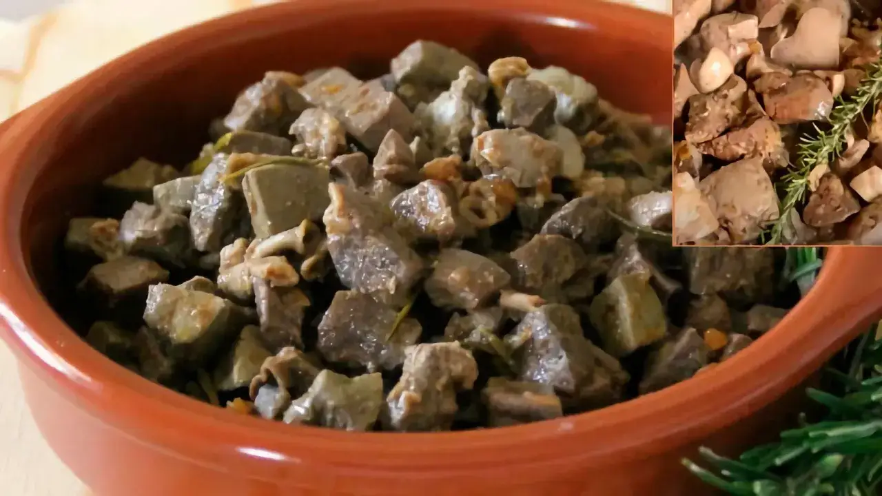 Deliciosa asadura de cordero guisada en una cazuela de barro, con trozos jugosos y hierbas aromáticas.