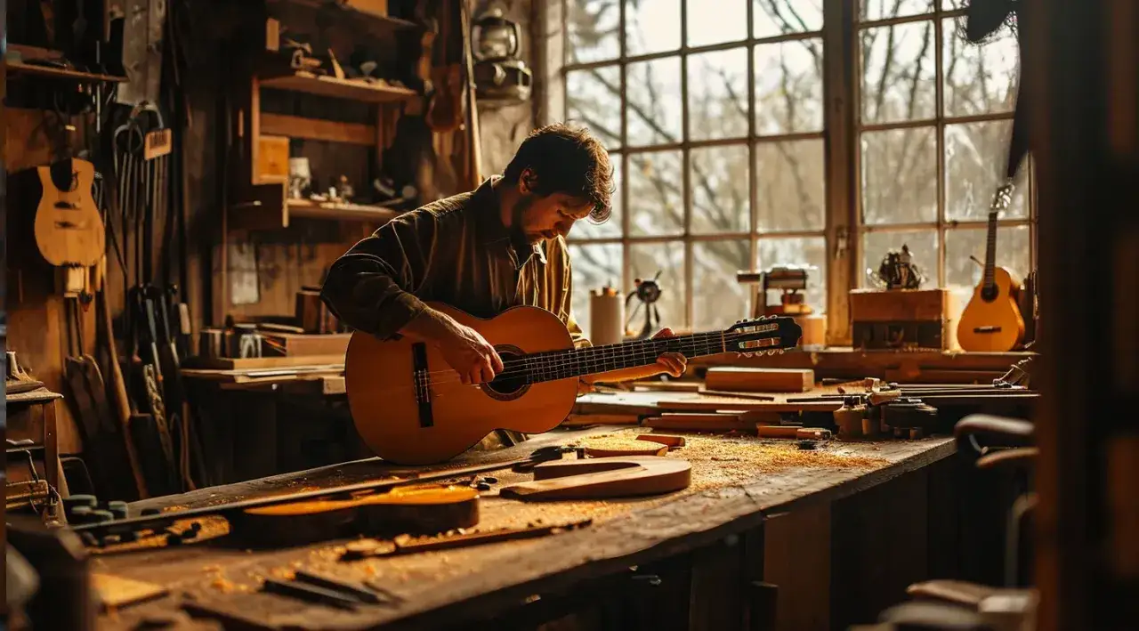 Mistrz przy pracy nad naprawą instrumentów muzycznych. W warsztacie pełnym drewna i narzędzi, lutnik stroi gitarę.