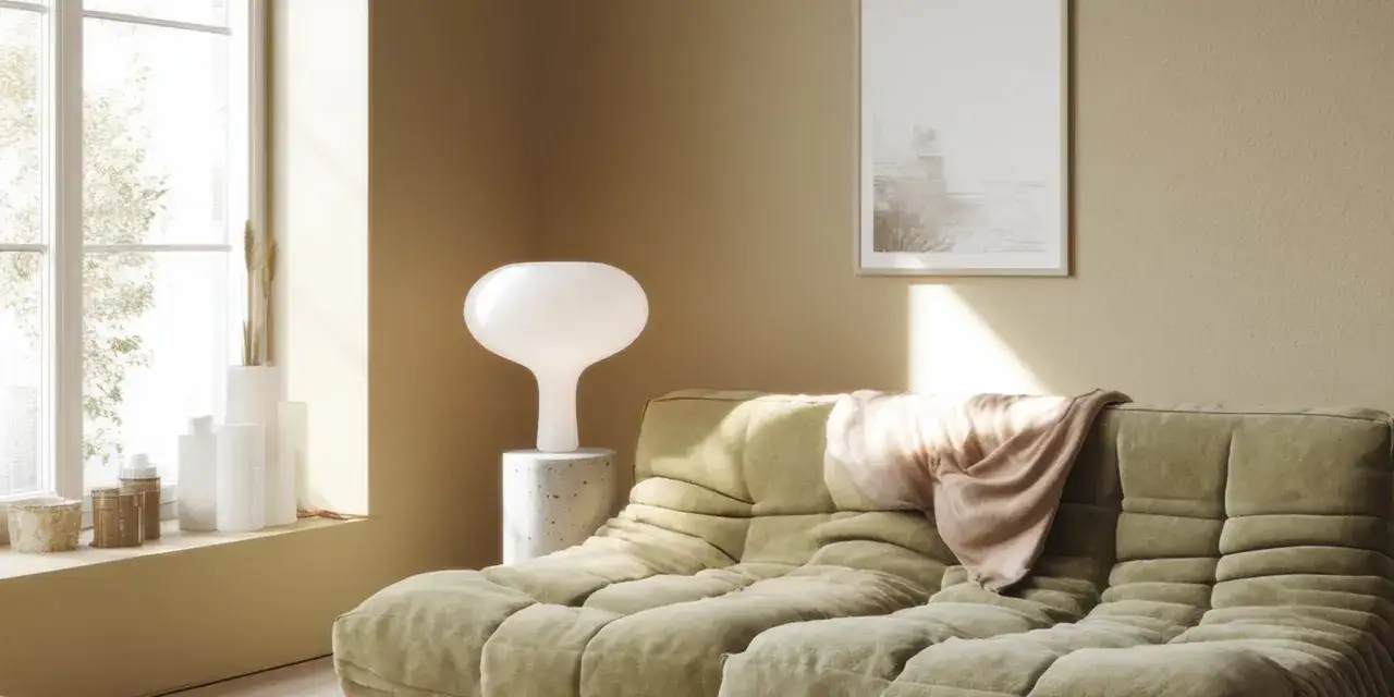 En soffa med sammetsliknande, sidenmatt yta står bredvid en lampa på ett betongstativ. En ljusrosa pläd ligger slängd över soffan.