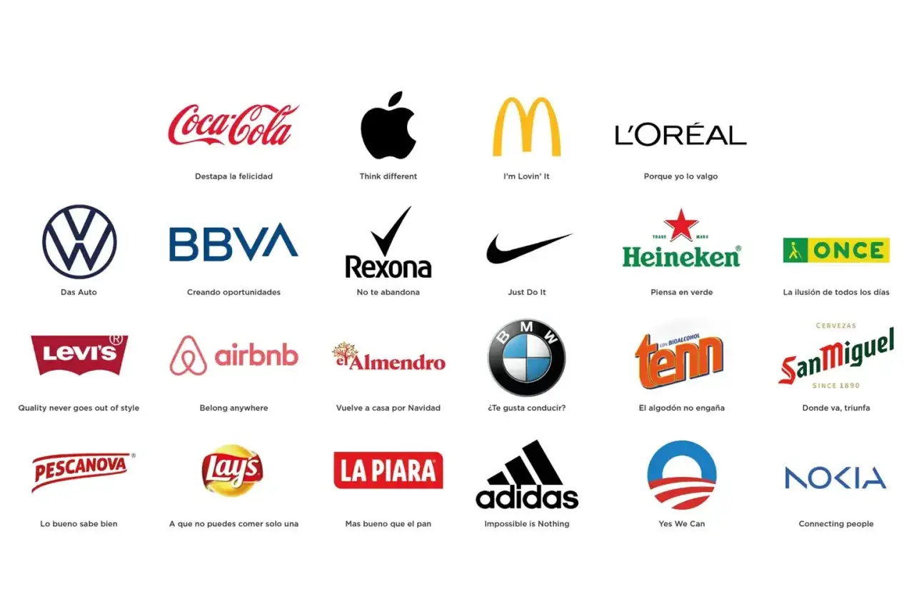 Logos de marcas famosas con su eslogan publicitario: Coca-Cola, Apple, McDonald's, L'Or&eacute;al, VW, BBVA, Rexona, Nike, Heineken, ONCE, Levi's, Airbnb, Almendro, BMW, Tenn, San Miguel, Pescanova, Lay's, La Piara, Adidas, Obama, Nokia.