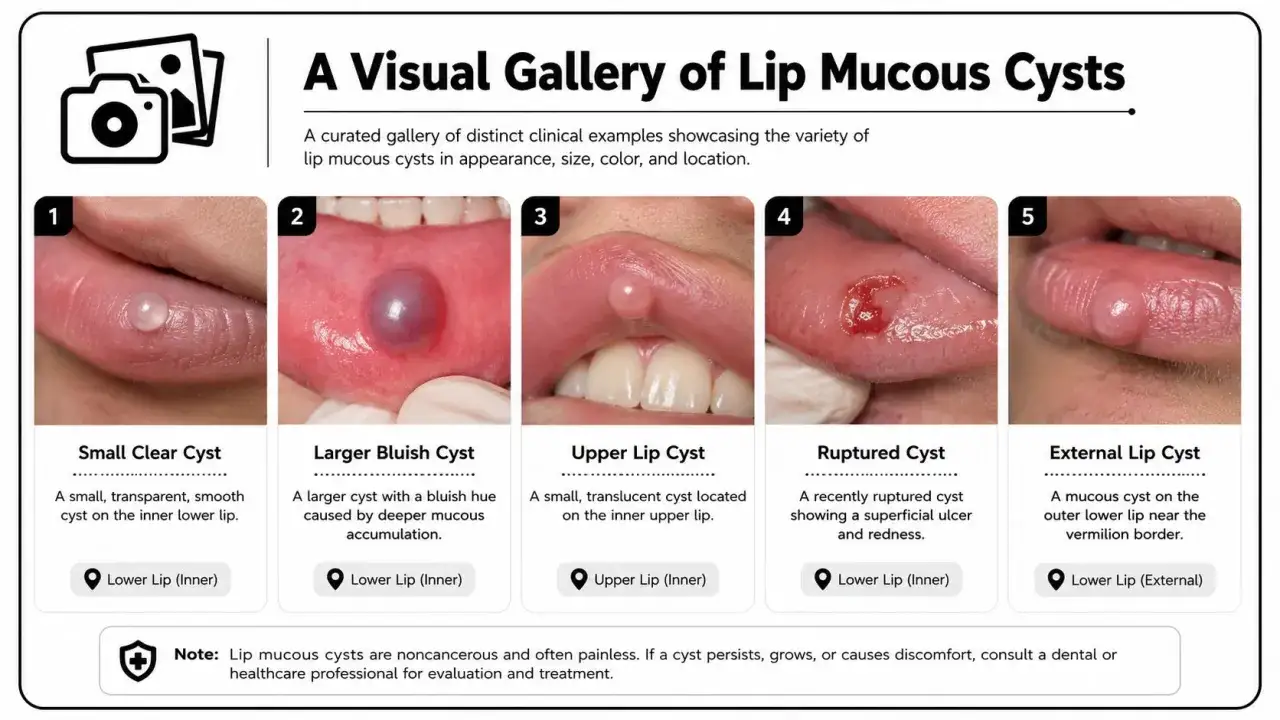Galer&iacute;a visual de quistes mucosos labiales: muestra un bulto en el labio, desde peque&ntilde;os y transparentes hasta grandes y azulados, o rotos.