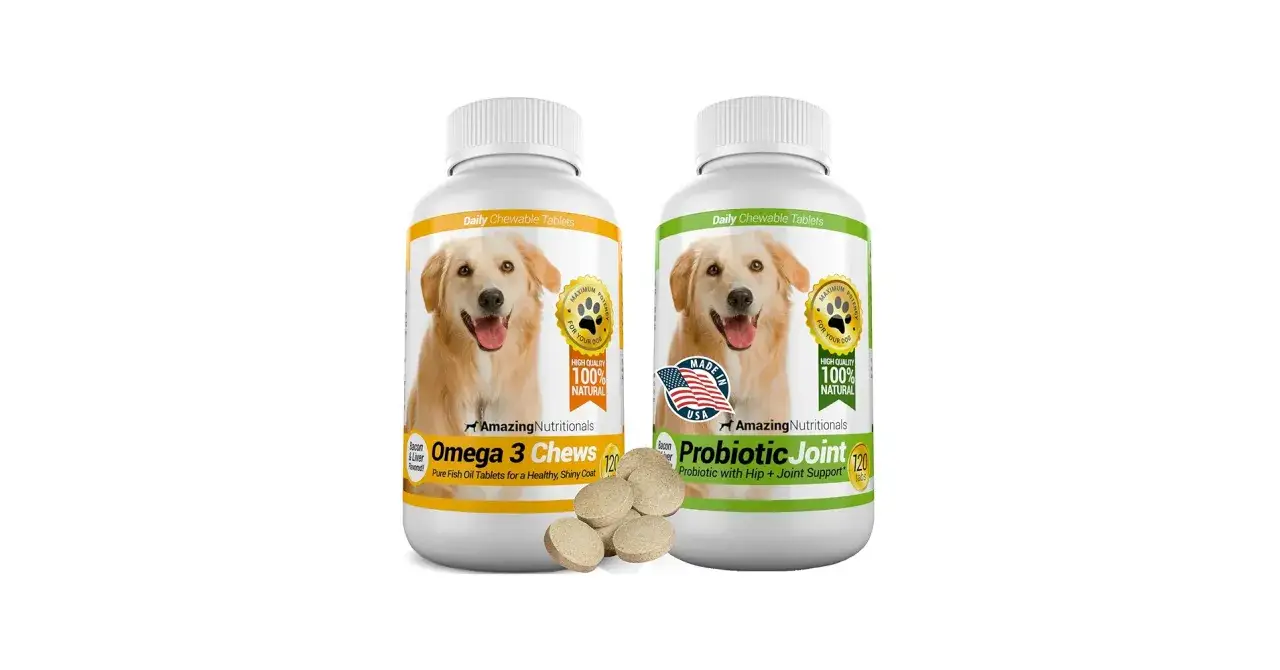 Dwa opakowania suplement&oacute;w dla psa: Omega 3 Chews i Probiotic Joint. Idealne, gdy zastanawiasz się, jakie suplementy dla psa wybrać.