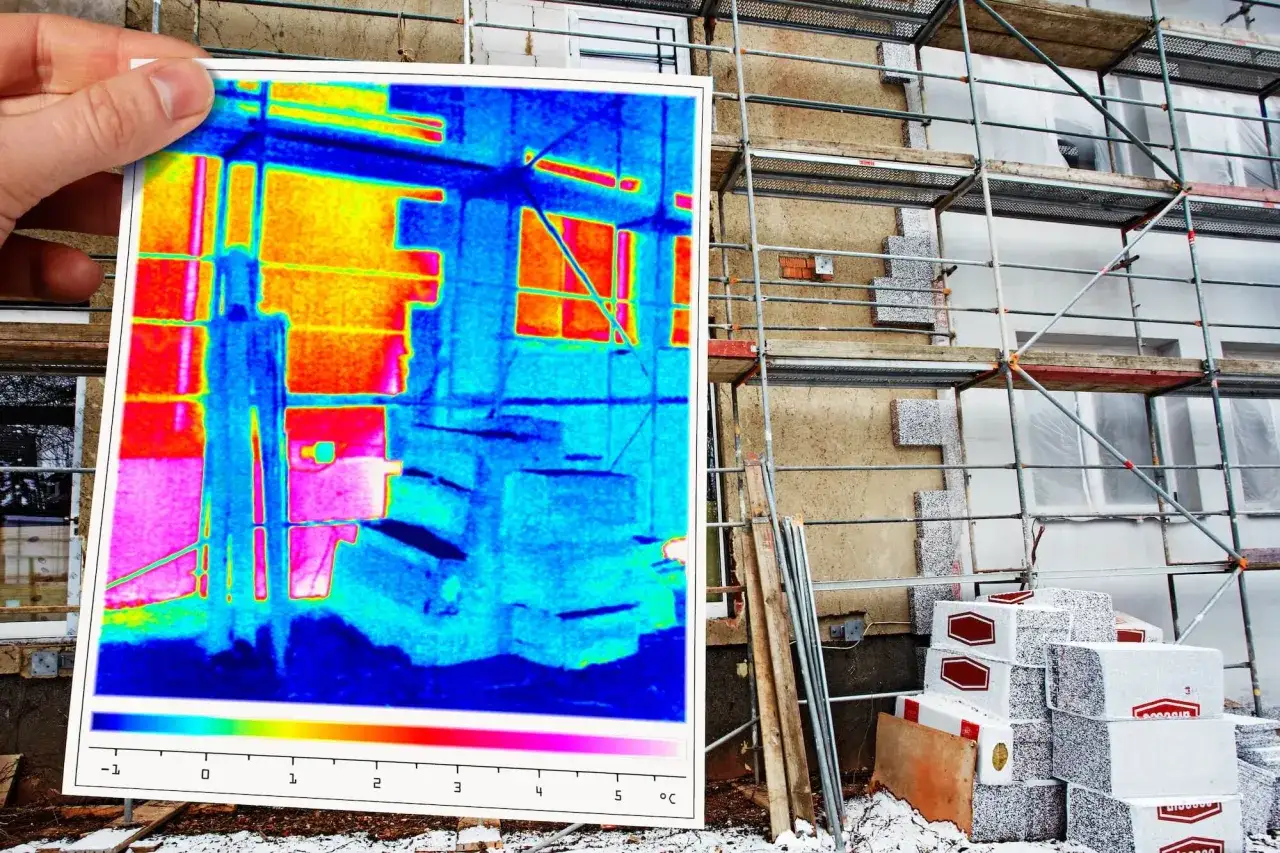 Thermografie untersuchung zeigt W&auml;rmeverluste an einem Geb&auml;ude mit Ger&uuml;st und D&auml;mmmaterial.