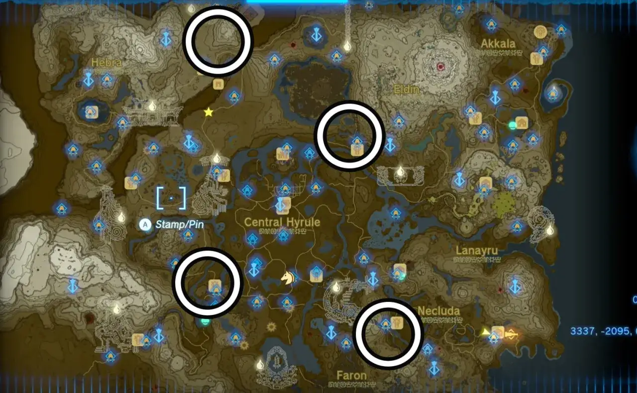 Mapa de Hyrule en The Legend of Zelda: Tears of the Kingdom. Cuatro círculos blancos marcan puntos de interés en Hebra, Eldin y Necluda.