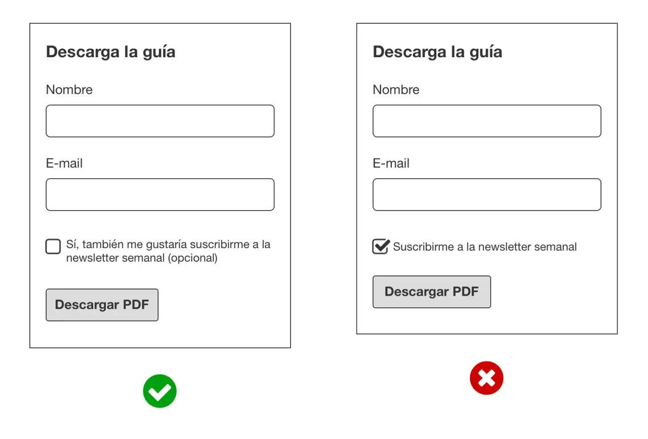 Formulario de descarga de guía. El ejemplo correcto muestra el consentimiento explícito para suscribirse a la newsletter.