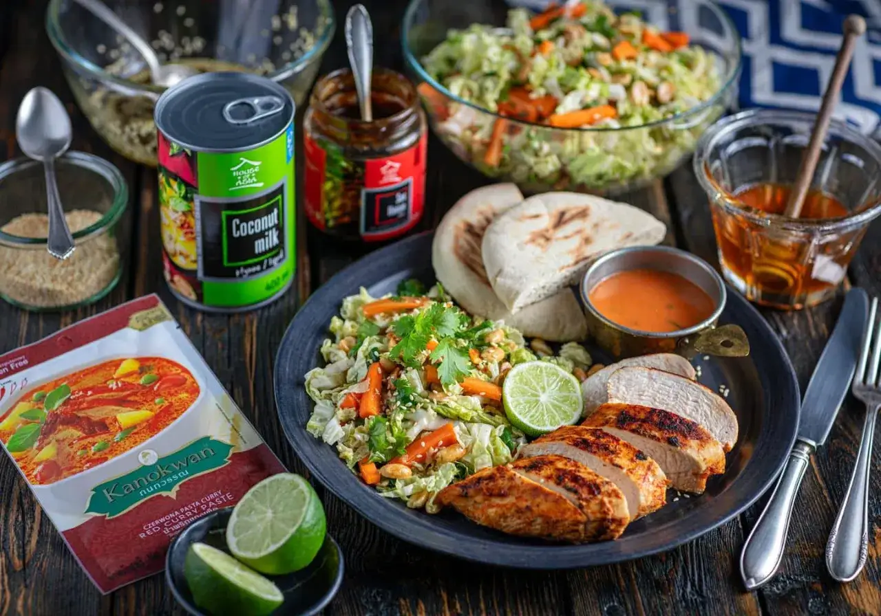Grillowany kurczak z sałatką i dipem. Obok puszka mleczka kokosowego i pasta curry, idealne do marynaty do kurczaka na grilla.