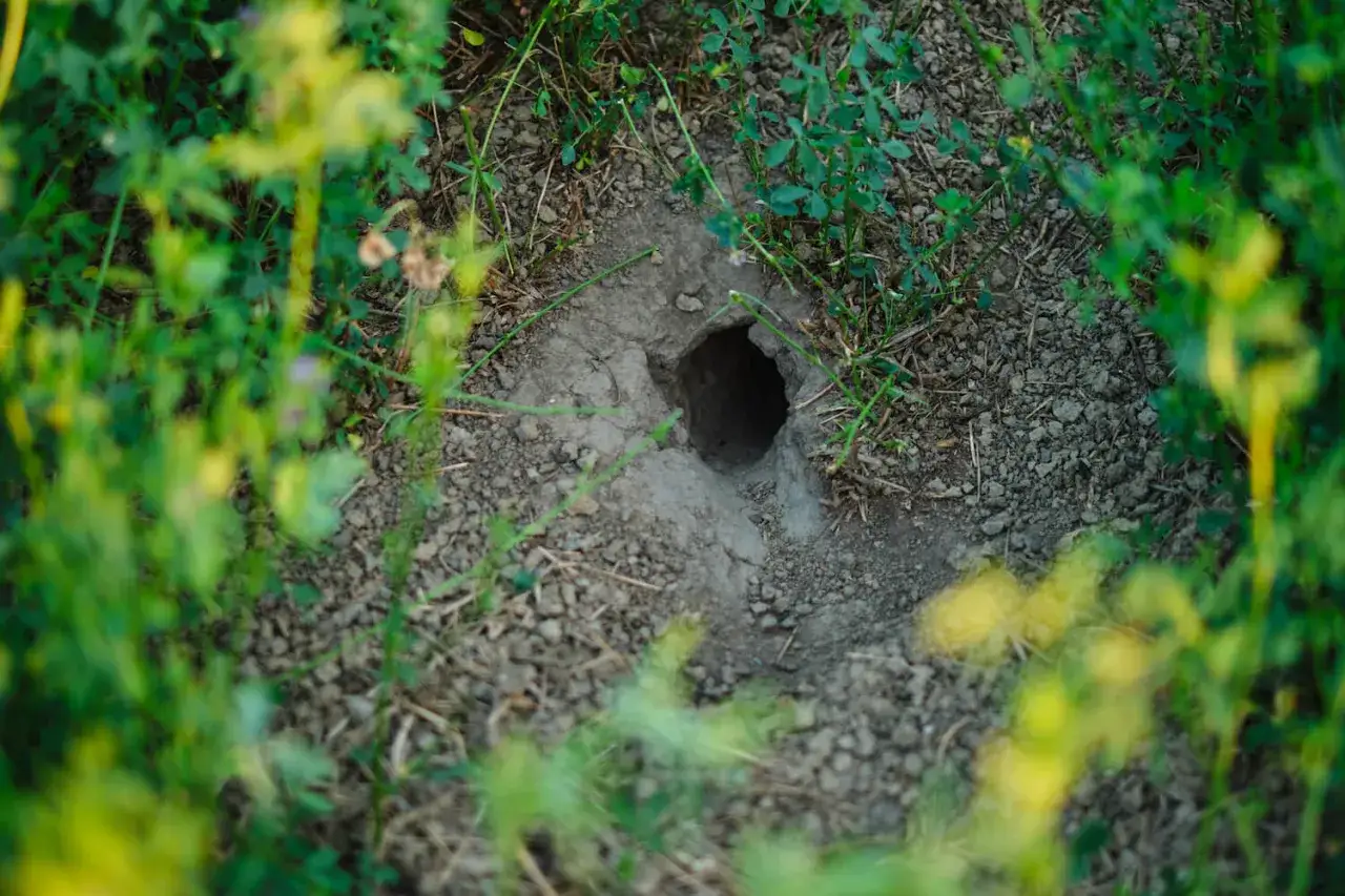Ein Bau im Garten, vielleicht vom Iltis gegraben. Umgeben von gr&uuml;nem Gras und Erde.