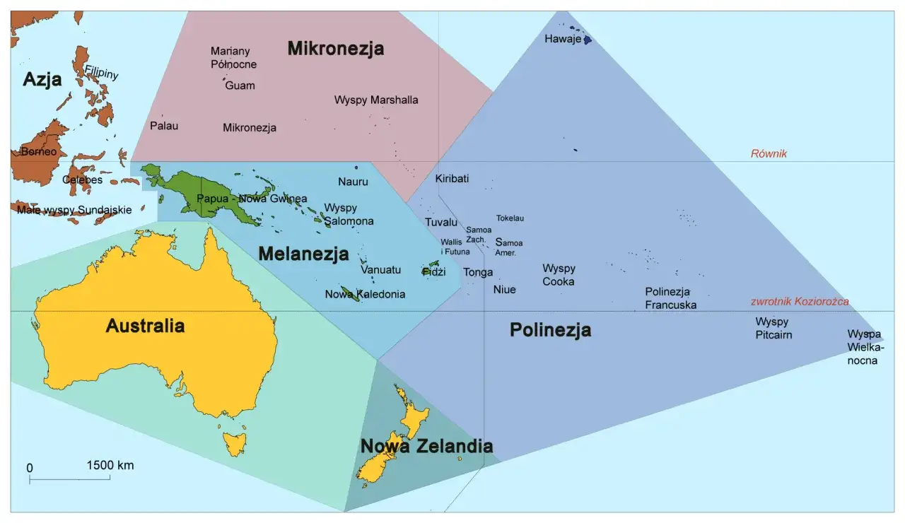 Mapa Pacyfiku z zaznaczonymi regionami: Azja, Mikronezja, Melanezja, Polinezja. Australia i Nowa Zelandia są widoczne. Gdzie jest Sydney? Na mapie nie ma zaznaczonej Australii, ale Sydney jest w Australii.