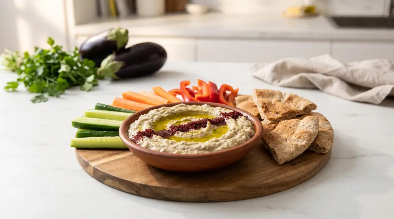 En sk&aring;l med kr&auml;mig baba ganoush, omgiven av gr&ouml;nsaksstavar, pitabr&ouml;d och f&auml;rska auberginer.
