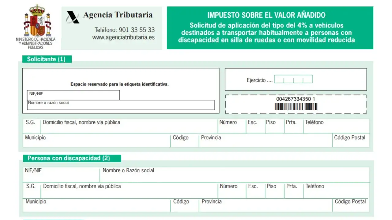 Solicitud de aplicación del tipo reducido del IVA para la compra del coche, para personas con movilidad reducida.