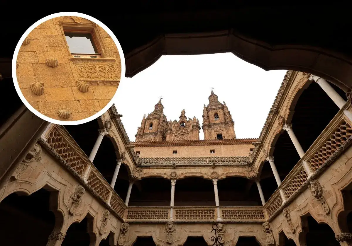 Detalles de conchas en la fachada de la Casa de las Conchas, un lugar emblemático para un free tour Salamanca.