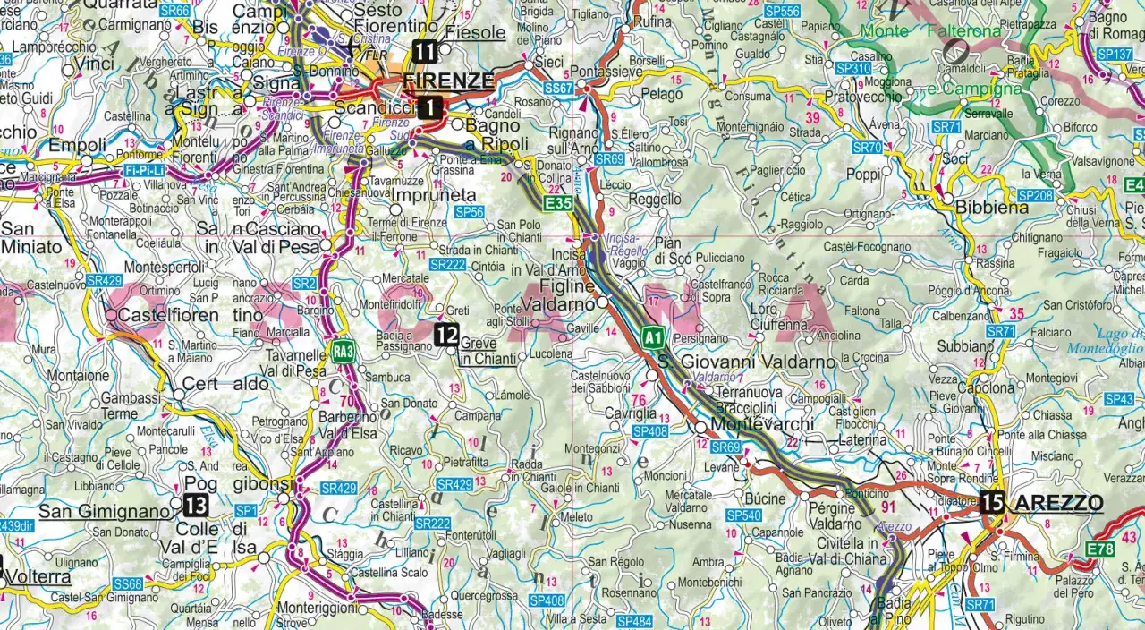 Mapa Toskanii z zaznaczonymi drogami i miastami. Widać **lotnisko** Florencja (FLR) oraz autostrady A1 i E78.