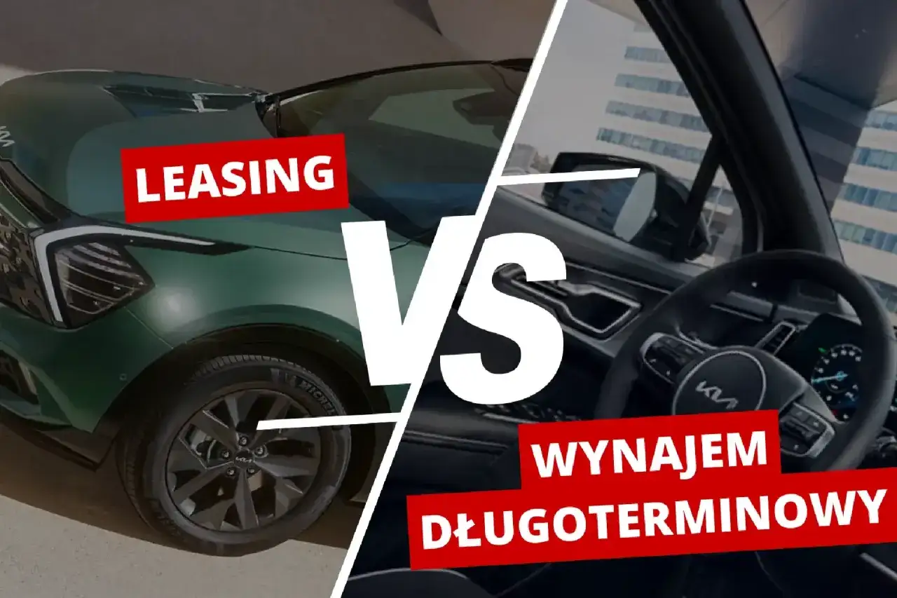 Zielony Kia vs wnętrze z kierownicą. Porównanie leasingu z opcją wynajem długoterminowy z wykupem.
