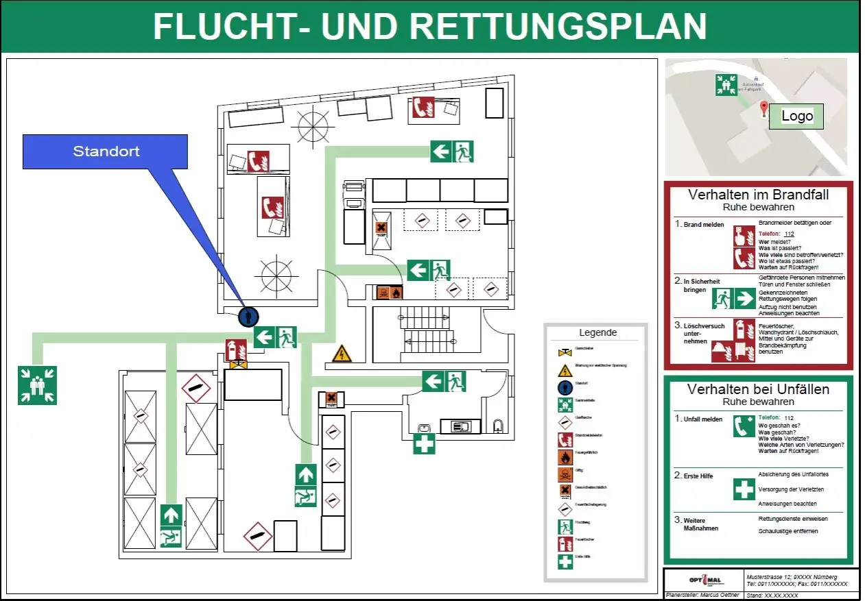 Flucht- und Rettungsplan mit Symbolen für Feuerlöscher, Notausgänge und Erste Hilfe. Ein 