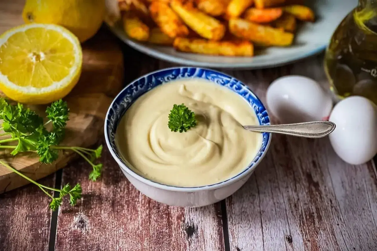 Cremige Mayonnaise, perfekt für Ihr nächstes mayonnaise rezept. Dazu passen goldbraune Pommes, frische Petersilie und Zitrone.